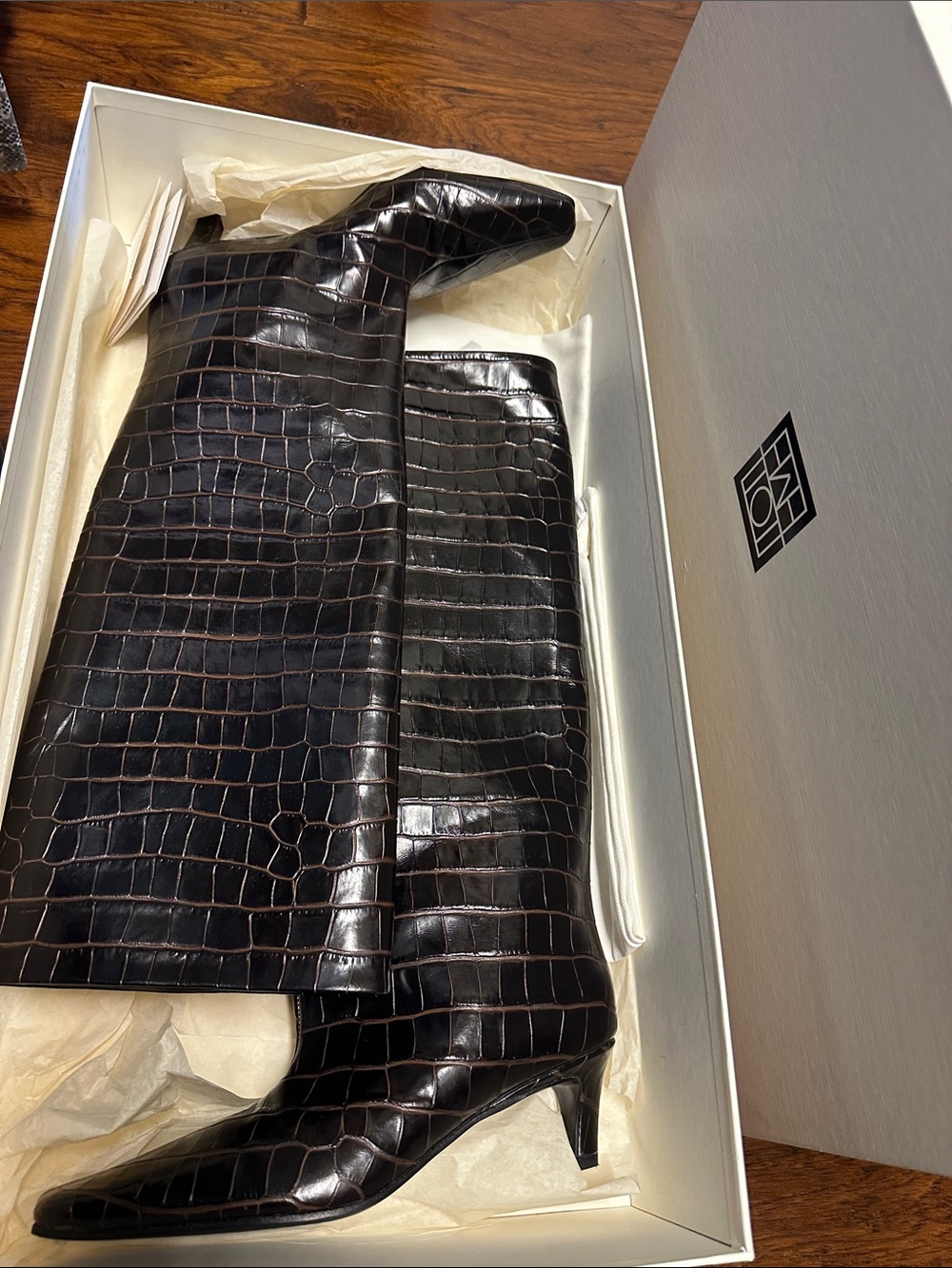 Toteme Dark Brown Croc-Embossed Pointed-Knee Boots